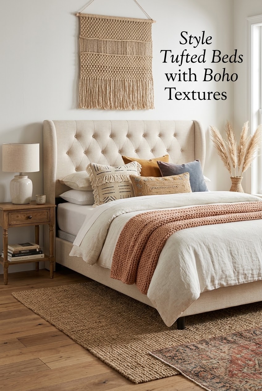 How to Style a Tufted Wingback Bed with Warm, Earthy Boho Textures
