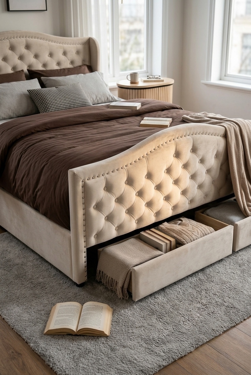 The Art of Layering Textures Around a Tufted Upholstered Storage Bed Frame