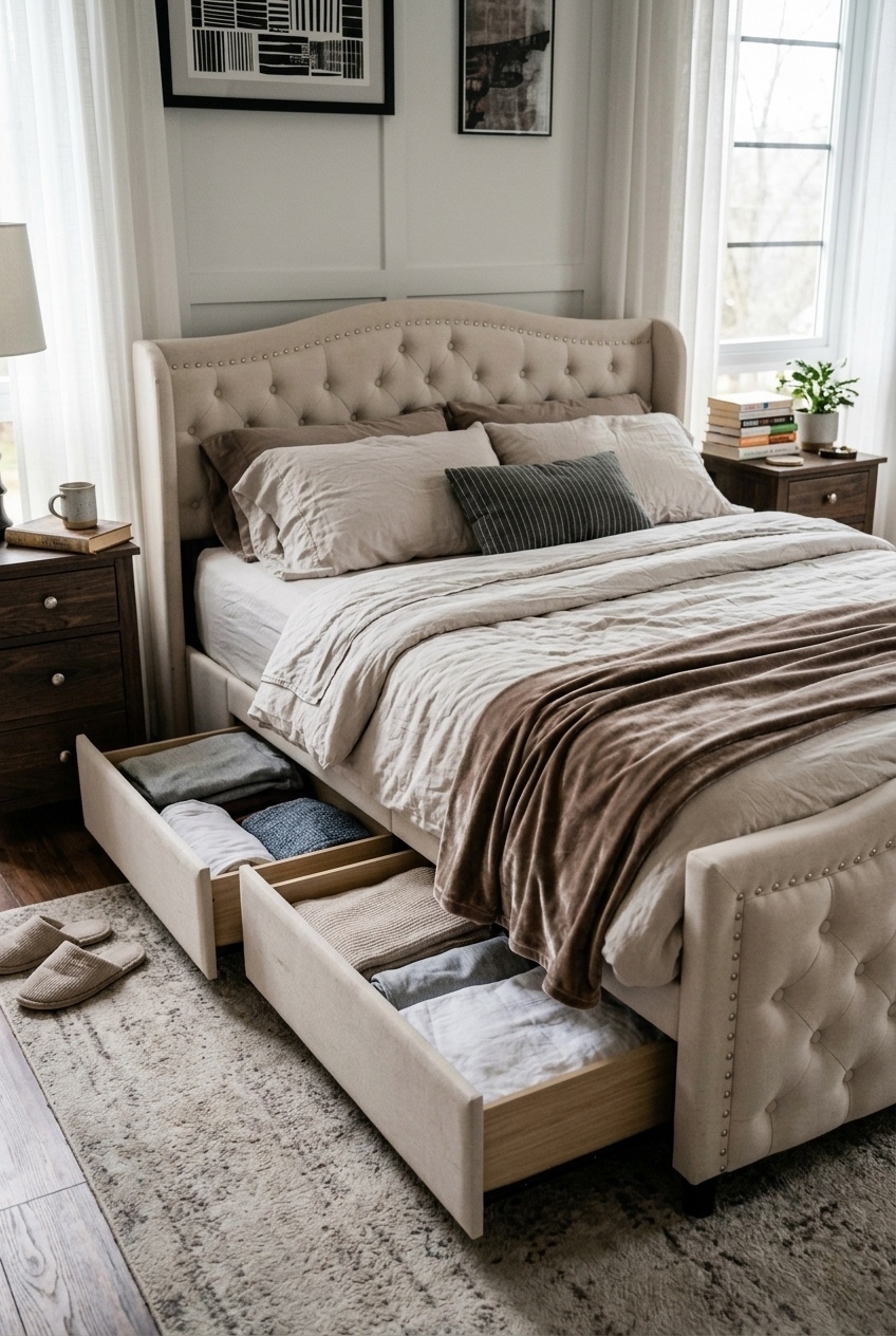 The Art of Layering Textures Around a Tufted Upholstered Storage Bed Frame