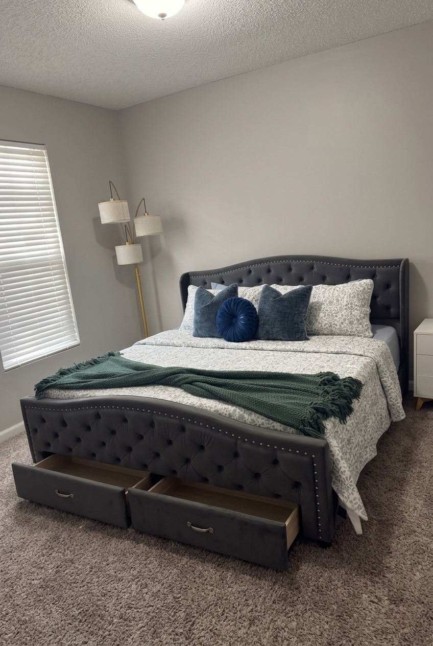 The Art of Layering Textures Around a Tufted Upholstered Storage Bed Frame