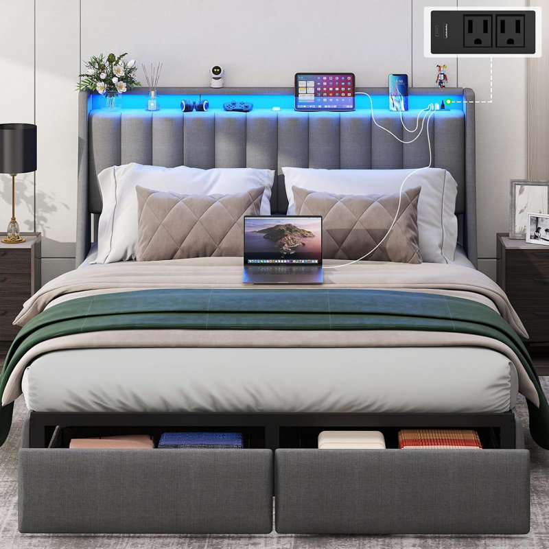 Wrought Studio Upholstered Storage Bed Frame With Headboard Led Bed Frame With Drawers And Charging Station W111818959