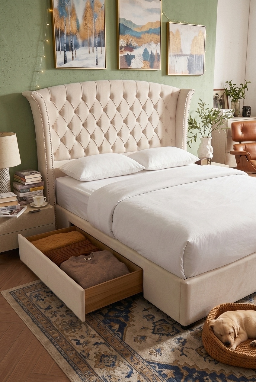 The Art of Layered Romance: Styling the Velvet Tufted Upholstered Storage Bed