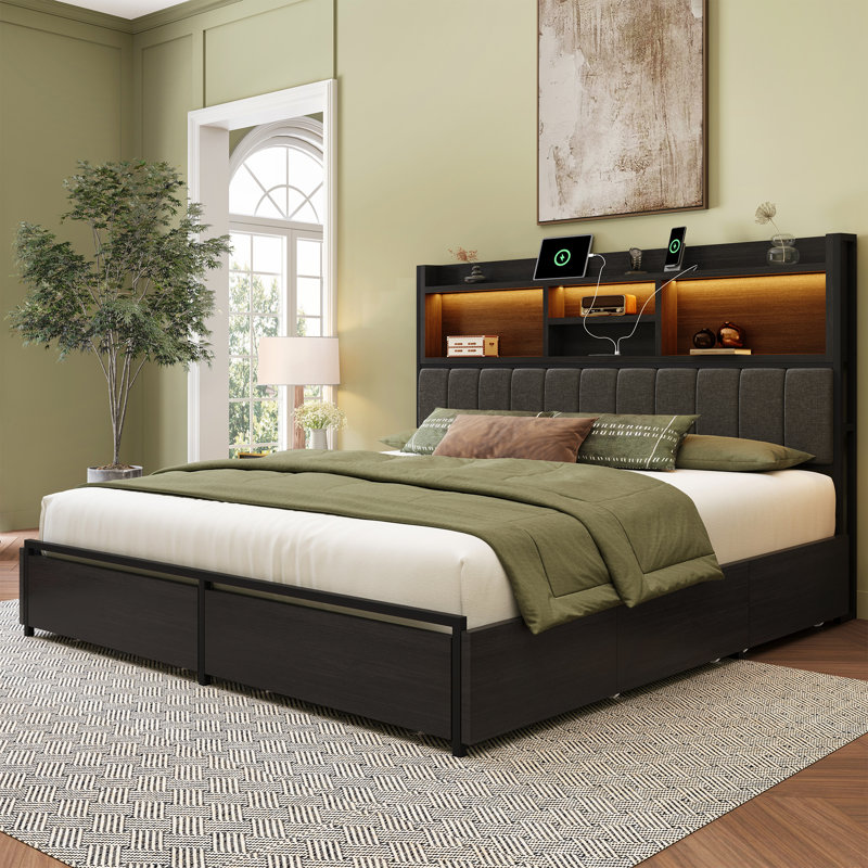 Wrought Studio Bed Frame With 6 Storage Drawers Linen Upholstered Headboard Built In Charging Station And Led W114475142