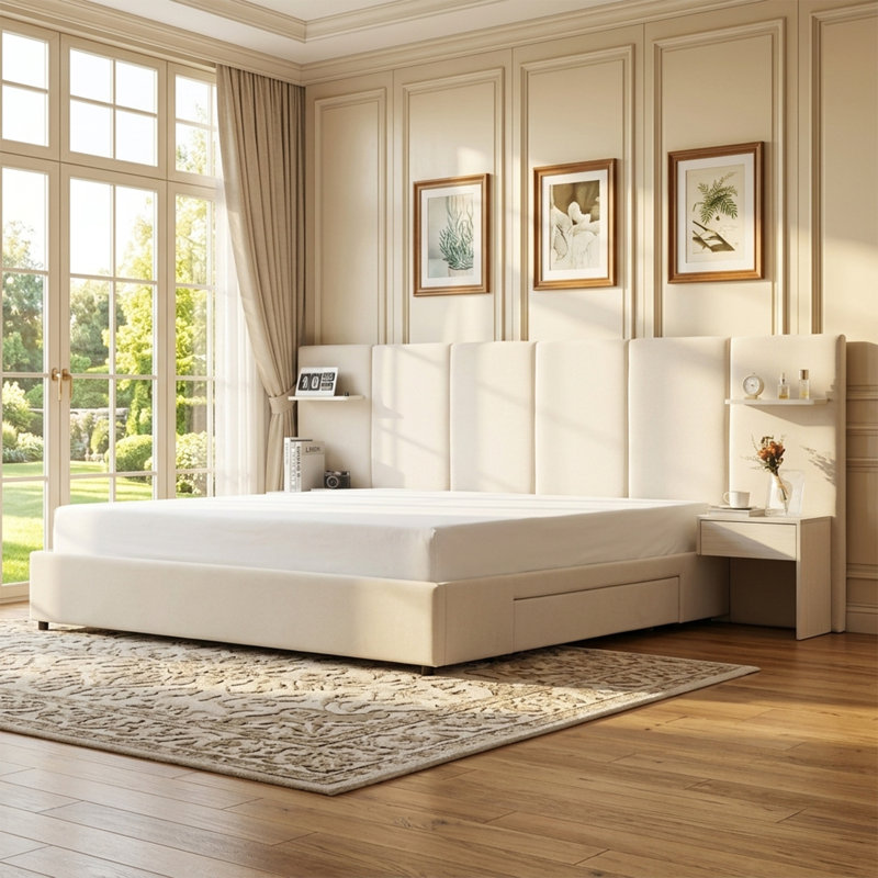 Mercer41 Bed Frame With Hotel Style Extended Headboard Velvet Upholstered Platform Bed Frame With Attached Nightstands Large Drawers Floating Shelves W115030034