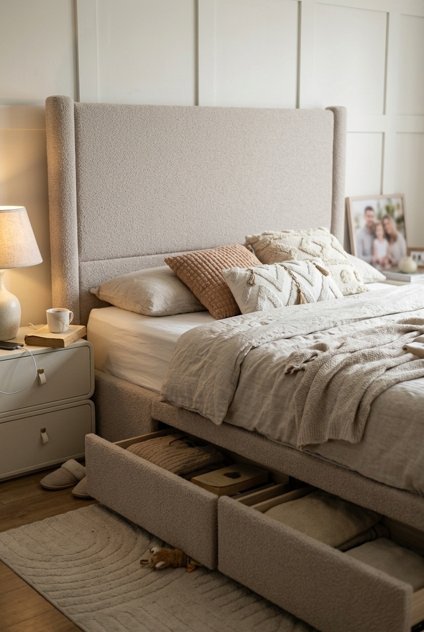 Artful Layering: Styling the Tweed Upholstered Platform Bed With Storage