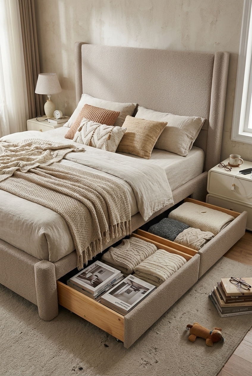 Artful Layering: Styling the Tweed Upholstered Platform Bed With Storage