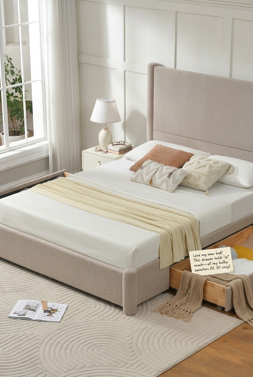 Artful Layering: Styling the Tweed Upholstered Platform Bed With Storage