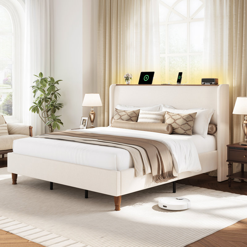 Wrought Studio Upholstered Platform Bed With Winghback Headboard Bed Frame With Led Lights Charging Station W116337751