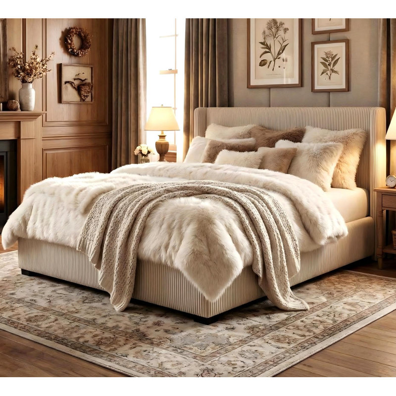 Ebern Designs King Size Bed With Storage Drawers Corduroy Upholstered Platform Bed Frame With Wingback Tufted Headboard And Footboard No Box Spring Needed Grey W117316928