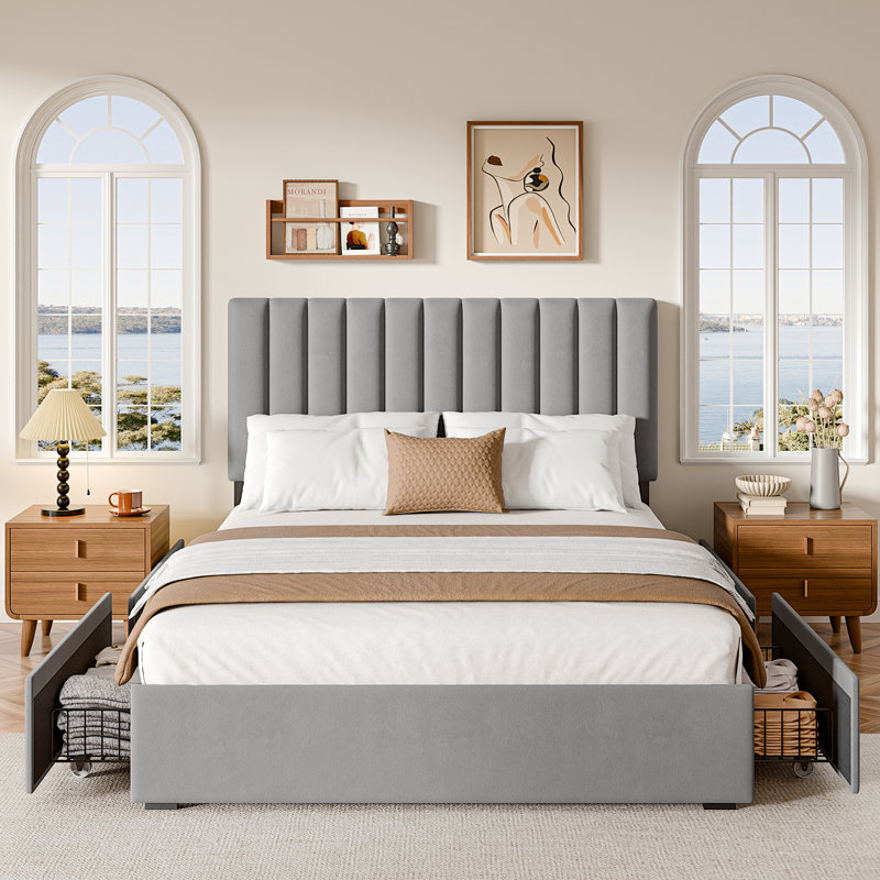 Latitude Run Velvet Upholstered Platform Bed With 4 Storage Drawers Adjustable Headboard W119586491