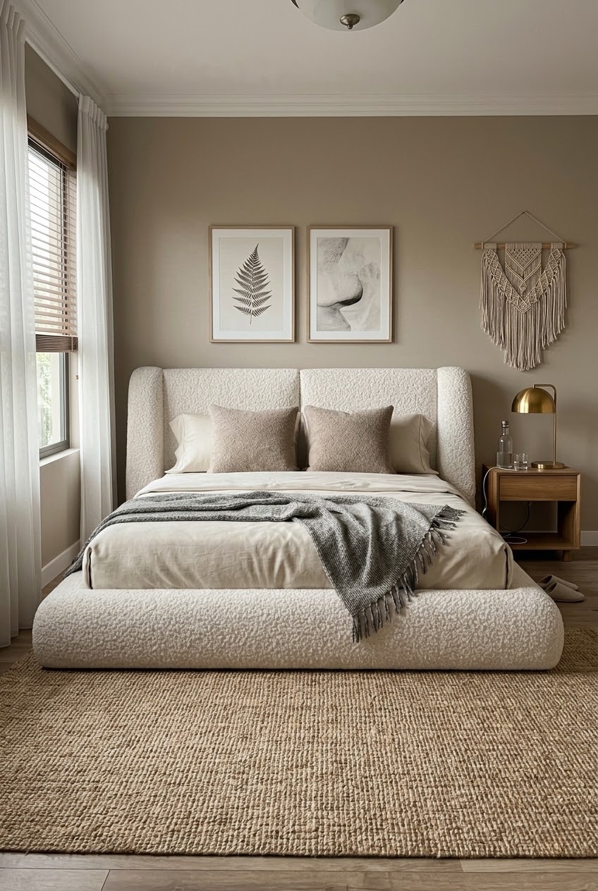 Curating Soft Elegance with a Modern Cloud Boucle Upholstered Bed Frame