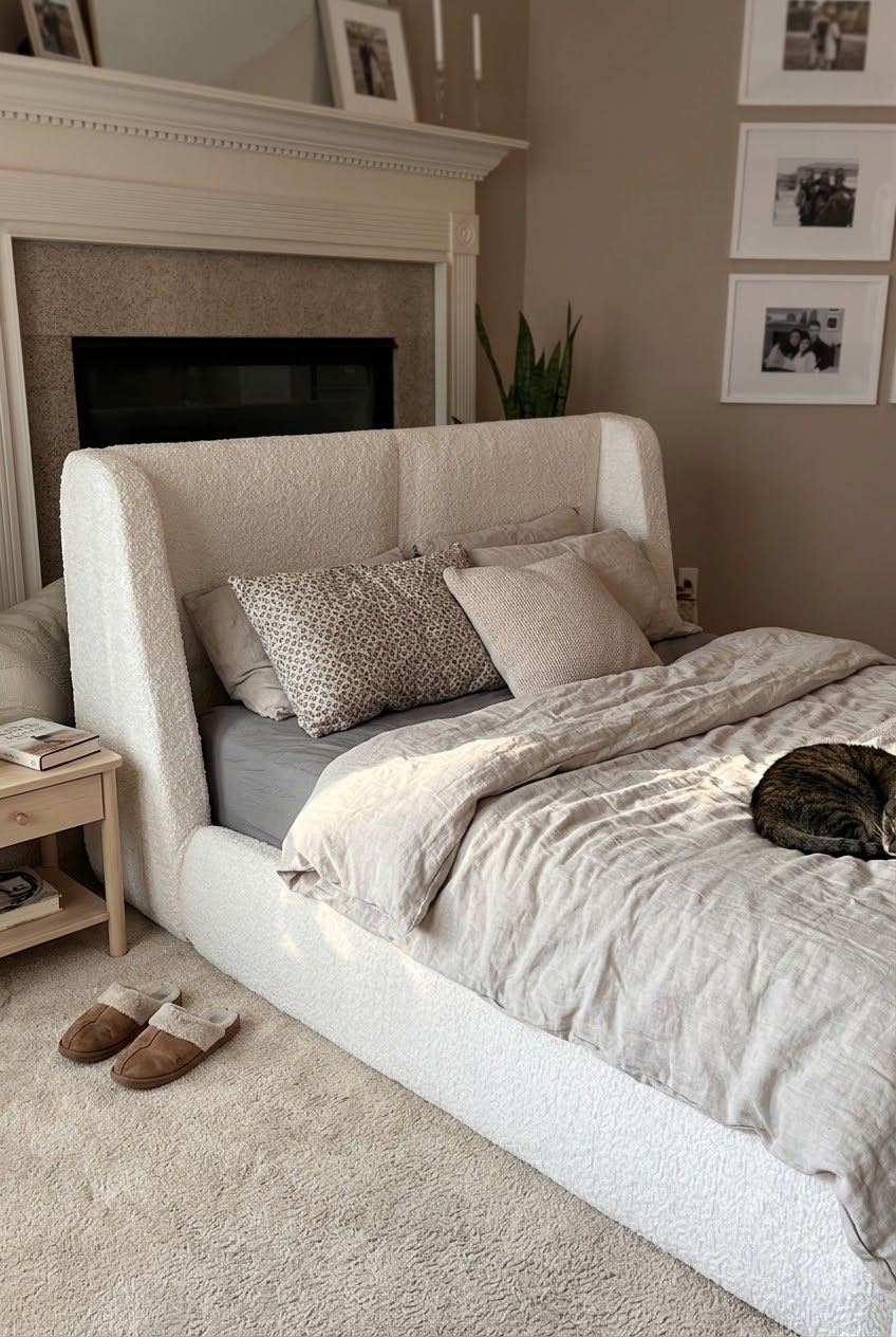 Curating Soft Elegance with a Modern Cloud Boucle Upholstered Bed Frame