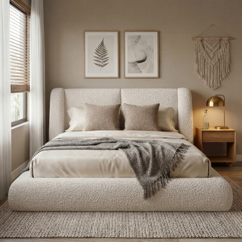 Latitude Run Cloud Upholstered Bed Frame Soft Boucle Fabric Upholstered Bed With 5 Thick Wingback Headboard Platform Bed For Modern Bedroom Easy Assembly No Box Spring W121009988